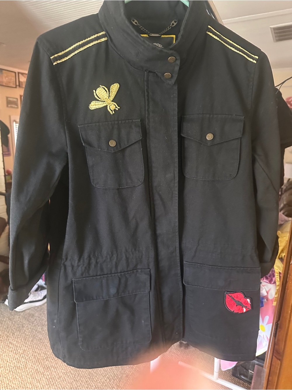 Vince Camuto Black Utility Jacket with Gold Bee & Red Lip Patch